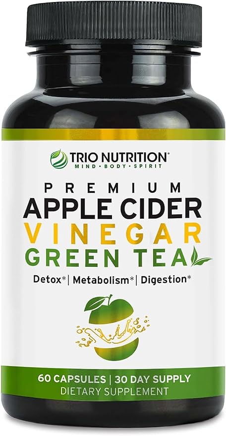 TRIO NUTRITION Apple Cider Vinegar Capsules with Green Tea - Sugar Free Apple Cider Vinegar Pills with The Mother for Body Cleanse, Immune, Weight Management & Metabolism Support*