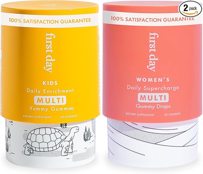 FIRST DAY Multivitamin Gummies Bundle for Women & Kids – Vitamins A, B, C, D & K + Folate, Magnesium, Zinc, Biotin & More – Made w/Organic Fruits & Veggies, Only 2g Sugar – 2-Pk, 30 Day Supply Each