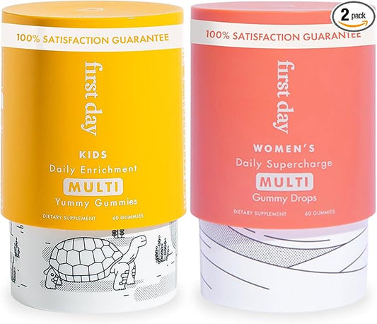 FIRST DAY Multivitamin Gummies Bundle for Women & Kids – Vitamins A, B, C, D & K + Folate, Magnesium, Zinc, Biotin & More – Made w/Organic Fruits & Veggies, Only 2g Sugar – 2-Pk, 30 Day Supply Each