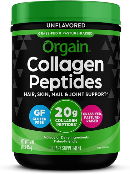 Orgain Hydrolyzed Collagen Peptides Powder For Women & Men, 20g Grass Fed Collagen, Unflavored - Hair, Skin, Nail, & Joint Support Supplement, Paleo & Keto, Non-GMO, Type I and III, 1lb