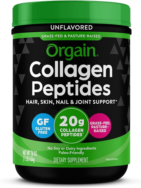 Orgain Hydrolyzed Collagen Peptides Powder For Women & Men, 20g Grass Fed Collagen, Unflavored - Hair, Skin, Nail, & Joint Support Supplement, Paleo & Keto, Non-GMO, Type I and III, 1lb