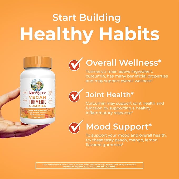 MaryRuth Organics Turmeric Gummies | Organic Turmeric Curcumin Extract | Chewable Turmeric Supplement | Vegan | Non-GMO | Gluten Free | Peach | Mango & Lemon Flavor | 250 mg per Serving | 120 Count