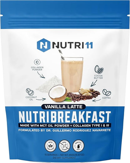 NutriBreakfast by Nutrillermo/Keto Protein Vanilla Latte Collagen Powder with MCT Oil/MCT Oil Powder with Collagen/Keto Collagen Peptides Powder with Grass-Fed Bovine Collagen Type I & III-15 Servings
