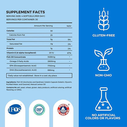 Fish Oil Supplements with Omega 3 Fatty Acids (3 Bottles, 120 Softgels) - High EPA, DHA, & IFOS Fish Oil Pills Support Heart & Joint Health - Burpless Fish Oil Promotes Brain Function