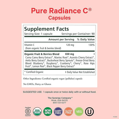 PURE SYNERGY Pure Radiance C | Organic Vitamin C Capsules | 100% Natural, Whole Food, Non-GMO Supplement with Camu Camu Extract | for Immune and Collagen Support (90 Capsules)