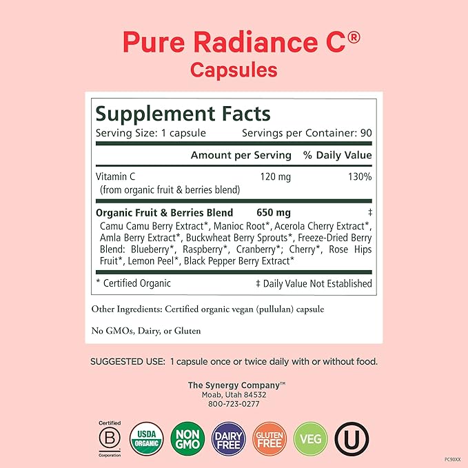 PURE SYNERGY Pure Radiance C | Organic Vitamin C Capsules | 100% Natural, Whole Food, Non-GMO Supplement with Camu Camu Extract | for Immune and Collagen Support (90 Capsules)