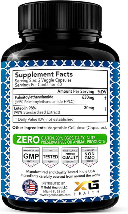 Palmitoylethanolamide 630 mg + Luteolin Standardized 98%- Micronized Pea 99% Highly Purified and Bioavailable - Made in USA - Supplement for Men and Women - 120 Veggie Capsules