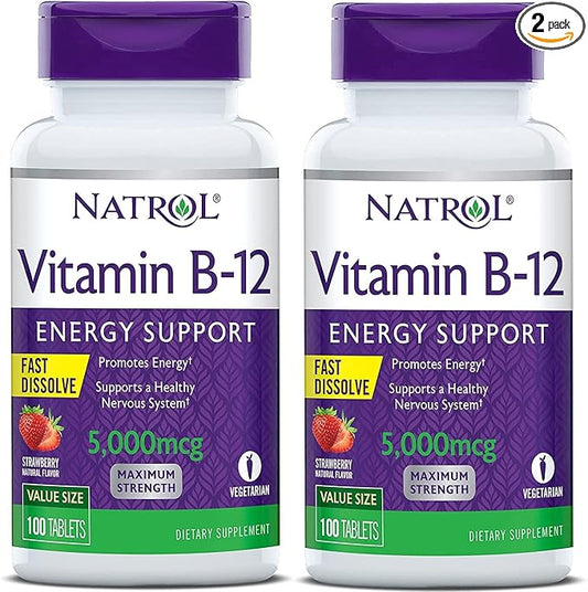 Natrol Vitamin B12 Fast Dissolve Tablets, Promotes Energy, Supports a Healthy Nervous System, Maximum Strength, Strawberry Flavor, 5,000mcg, 100 Count (Pack of 2)
