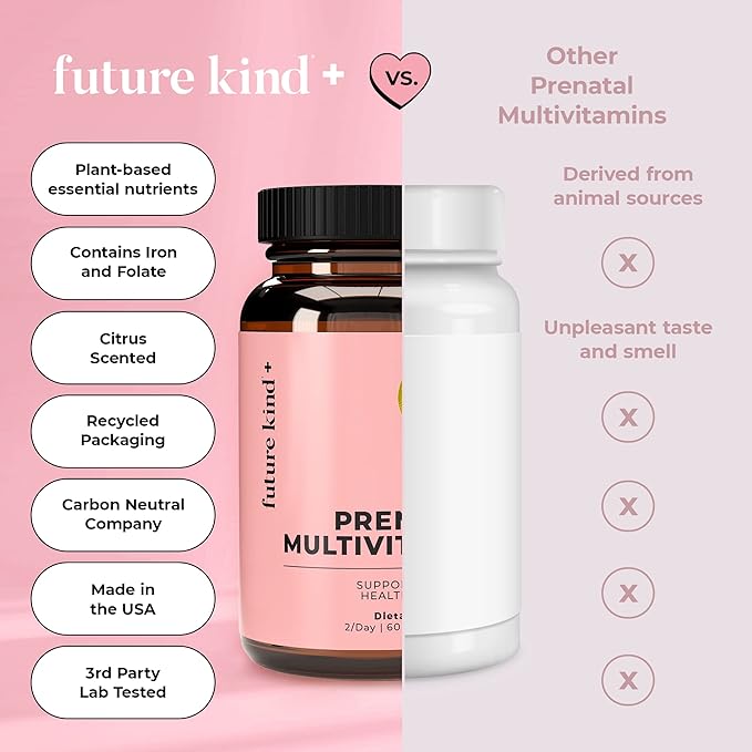 Future Kind Vegan Prenatal Vitamin - (60ct) Prenatal Vitamins with DHA & L-MethylFolate in Glass Bottle - Prenatal Folate Supplement for Women with Vitamin D & E, Iron, Biotin, Gluten-Free & Non-GMO