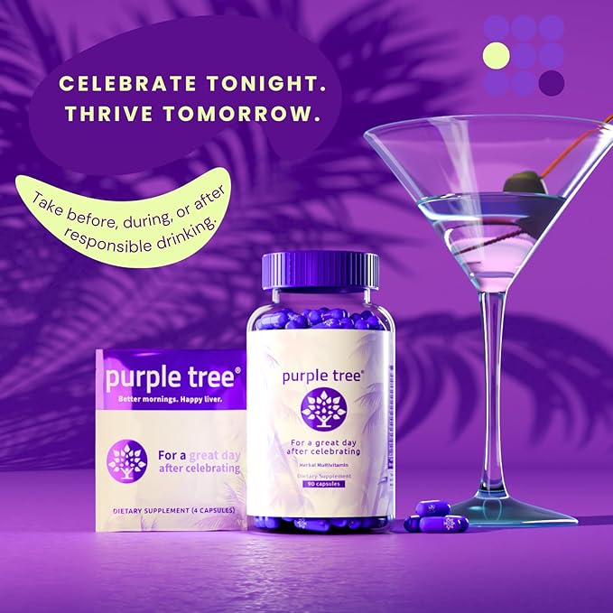 purple tree Post-Celebration Wellness Vitamins | Liver Support, Rapid Hydration, Body Replenisher | Dihydromyricetin DHM, Milk Thistle, Electrolytes, Vitamin B, Willow Bark, Quercetin (30 Pills)