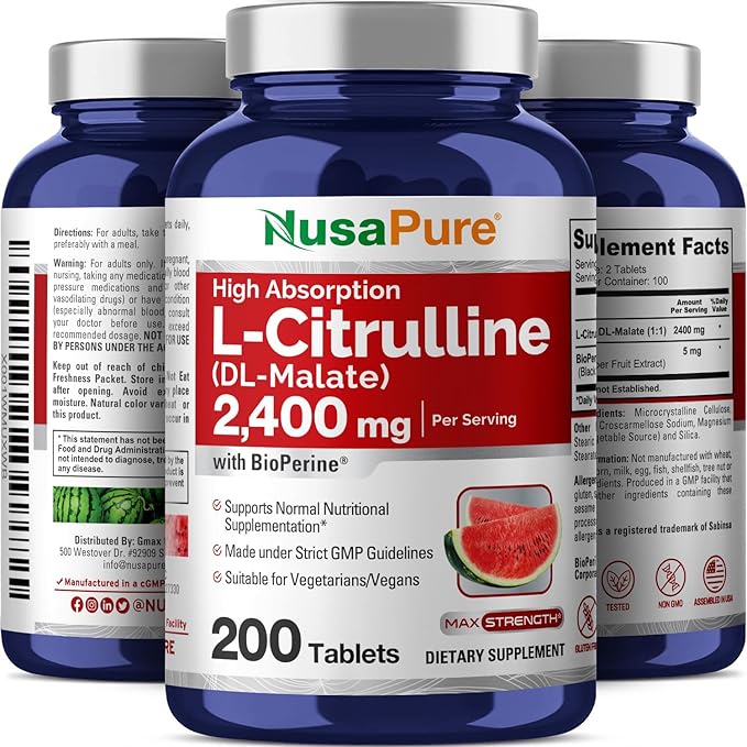 NusaPure L-Citrulline 2,400mg 200 Vegetarian Tablets (Non-GMO, Gluten Free, 100-Day Supply, Bioperine)