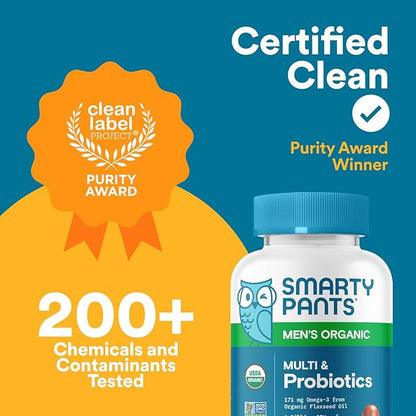 SmartyPants Multivitamin for Men, Organic Gummies: Probiotics, CoQ10, Methylfolate, Omega 3 (ALA), Vitamin D3, C, Vitamin B12, B6, Vitamin A, K & Zinc for Immune Support, 120 Gummies (30 Day Supply)