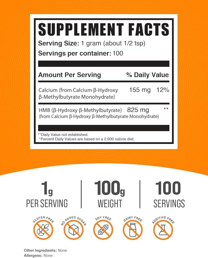 BulkSupplements.com HMB Powder - as Calcium HMB, Beta-Hydroxy Beta-Methylbutyrate - HMB Powder Supplements, Gluten Free - 1000mg per Serving, 100g (3.5 oz) (Pack of 1)