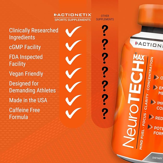 NeuroTech MAX Brain Supplements for Memory and Focus, Caffeine Free Nootropic Brain Supplement, Rich Brain Supplements with DMAE, Bacopa, Huperzine for Atheletic Performance