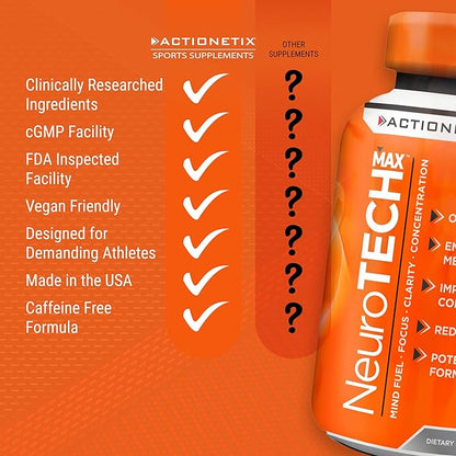 NeuroTech MAX Brain Supplements for Memory and Focus, Caffeine Free Nootropic Brain Supplement, Rich Brain Supplements with DMAE, Bacopa, Huperzine for Atheletic Performance