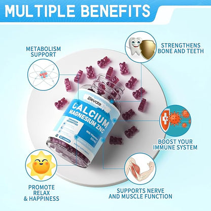 Calcium Magnesium Zinc Gummies with Vitamin D3 & K2 - High Potency Enhanced Absorption -60 Blueberry Gummies Flavored