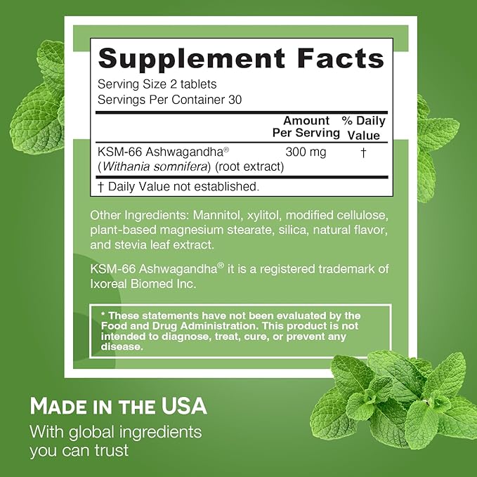 EZ Melts Dissolvable KSM-66 Ashwagandha®, 300 mg, Sugar-Free, Stress, Sleep and Mood Support Supplement, 30-Day Supply, Peppermint Chill-Flavor