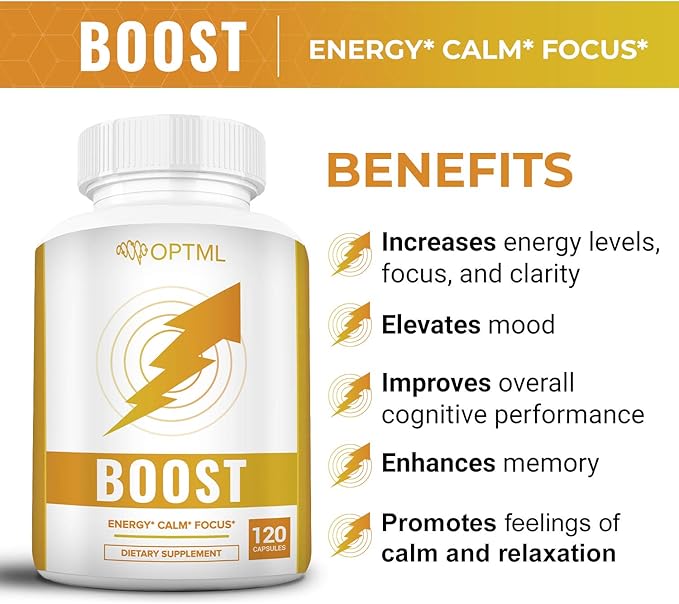 OPTML Boost, 100mg Caffeine Pills with 200mg L-Theanine, Energy Pills for Mood Elevation and Sharper Focus, Blend of Caffeine Anhydrous and Tea Derived L-Theanine, No Crash, No Jitters, 120 Capsules
