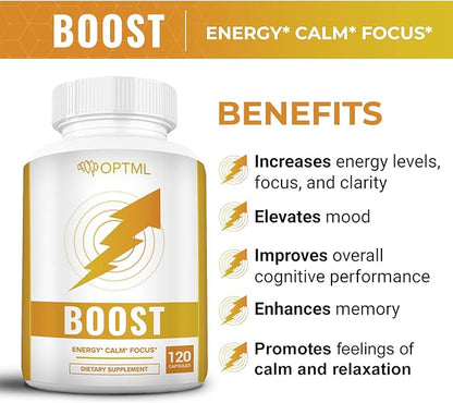 OPTML Boost, 100mg Caffeine Pills with 200mg L-Theanine, Energy Pills for Mood Elevation and Sharper Focus, Blend of Caffeine Anhydrous and Tea Derived L-Theanine, No Crash, No Jitters, 120 Capsules
