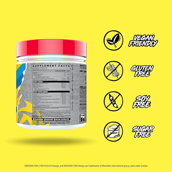 GHOST Legend V4 Pre-Workout Powder, Swedish Fish - 30 Servings – Pre-Workout for Men & Women with Caffeine, Choline, L-Citrulline, & Beta Alanine for More Pumps, Energy & Focus - Vegan Friendly