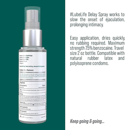 Lube Life Climax Control Delay Spray, Male Genital Desensitizer with Active Ingredient Benzocaine to Keep You Lasting Longer, Stamina-Enhancing, for Men and Couples, 2 Fl Oz