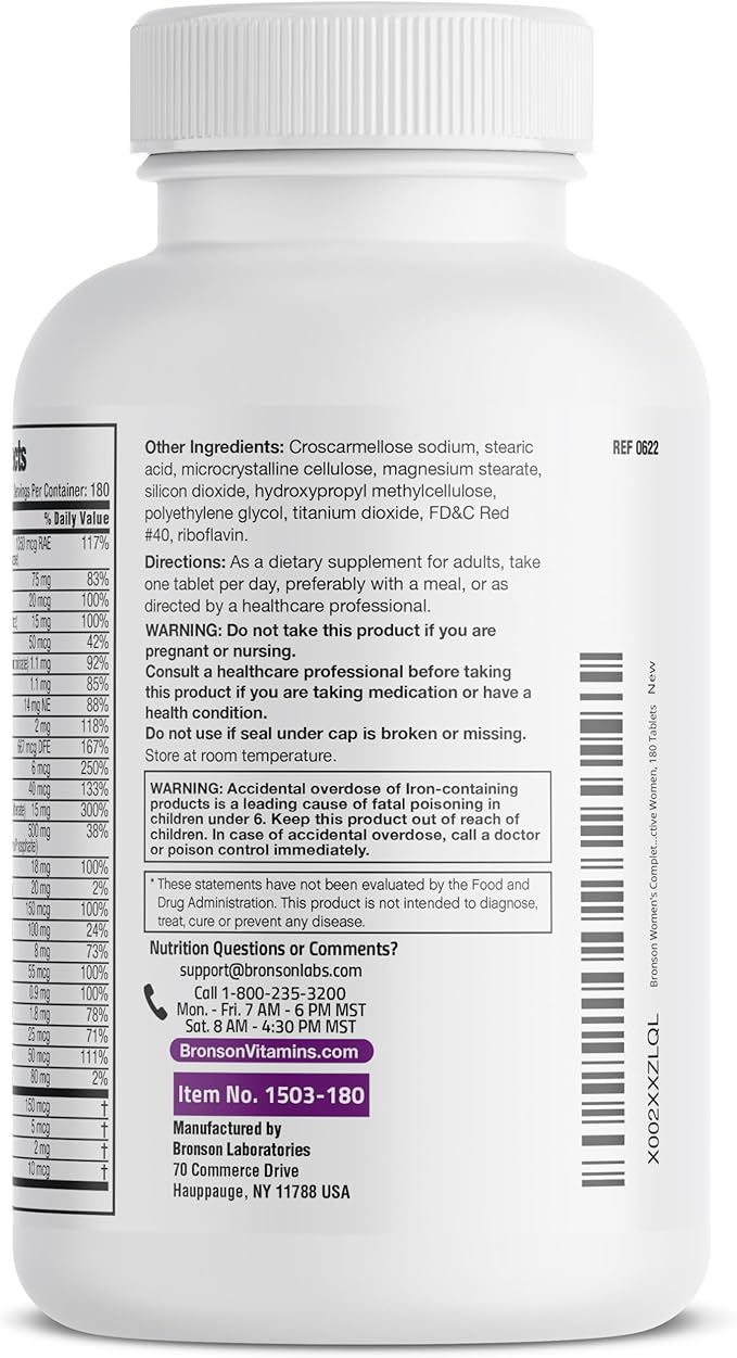 Bronson ONE Daily Women’s Complete Multivitamin Multimineral Once-Daily Multi for Active Women, 180 Tablets