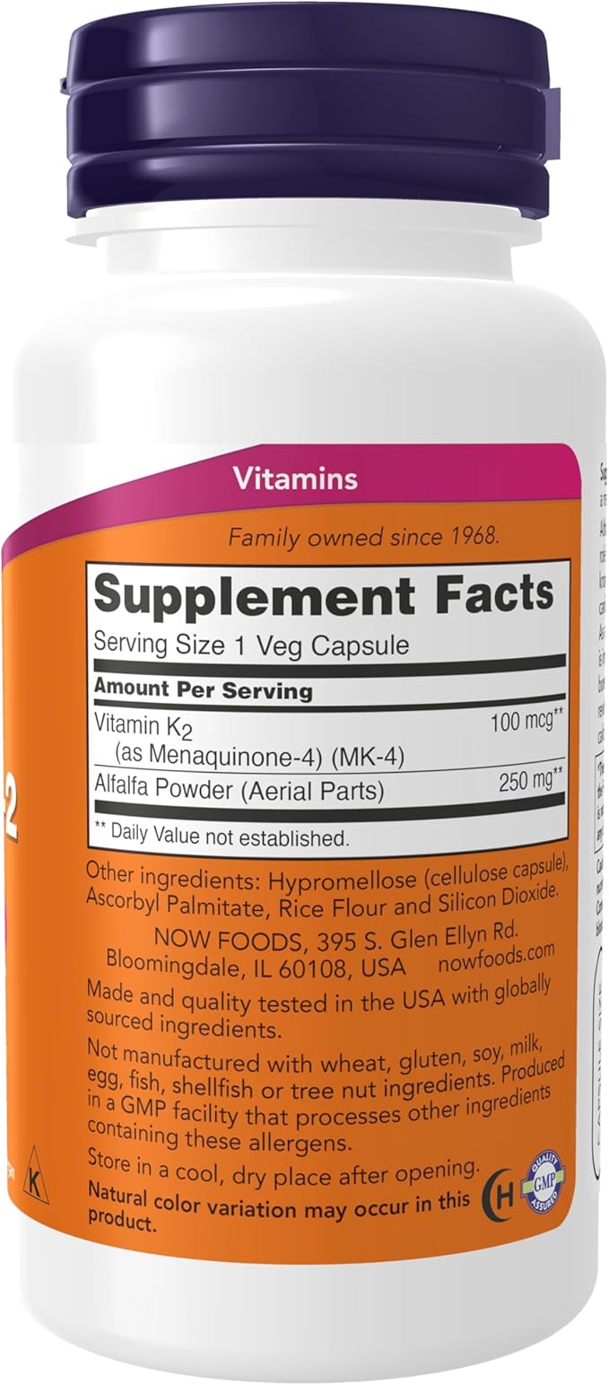NOW Foods Supplements, Vitamin K-2 100 mcg, Menaquinone-4 (MK-4), Supports Bone Health*, 100 Veg Capsules