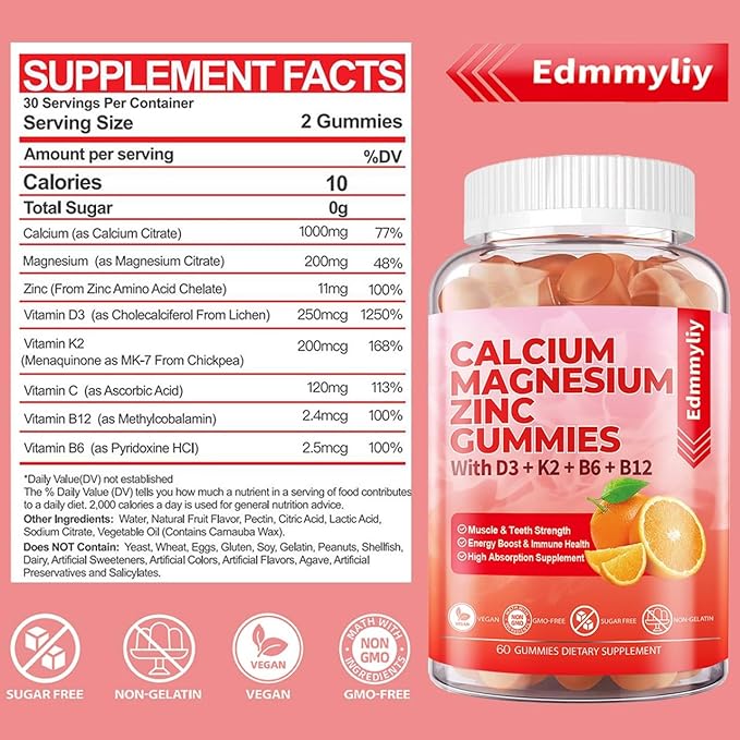 Sugar Free Calcium Magnesium Zinc Supplement Gummies with Vitamin D3 & B12 for Women and Men High Absorption Calcium Magnesium Supplement for Bone & Teeth Strength, Muscle & Immune (120 Counts)