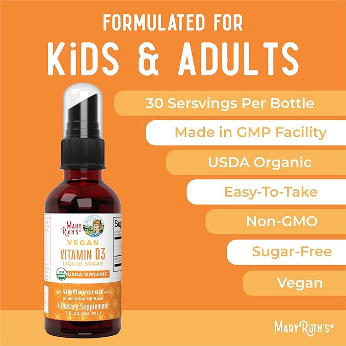 MaryRuth Organics Vitamin D USDA Organic | Vitamin D3 Liquid | Sugar Free | Liquid Vitamin D Spray Immune Support for Adults & Kids | Bone Health | Vit D3 | Vegan | Gluten Free | Non-GMO | 30 Servings
