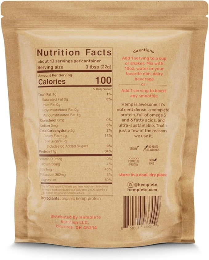 Organic Hemp Heart Unflavored Vegan Protein Powder, Plant-Based for Balanced Nutrition, All-Natural, 1 Ingredient, No Artificial Ingredients, Easy to Digest & Mix (10oz)