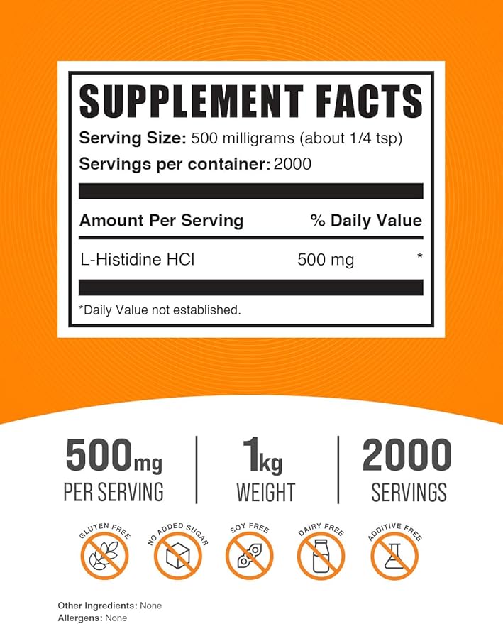 BulkSupplements.com L-Histidine HCl Powder - L-Histidine Supplement, Histidine 500mg - Essential Amino Acid, Gluten Free, 500mg per Serving, 1kg (2.2 lbs) (Pack of 1)