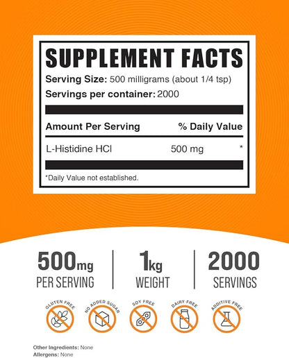 BulkSupplements.com L-Histidine HCl Powder - L-Histidine Supplement, Histidine 500mg - Essential Amino Acid, Gluten Free, 500mg per Serving, 1kg (2.2 lbs) (Pack of 1)