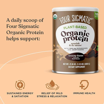 Four Sigmatic Organic Plant-Based Protein Powder Creamy Cacao Protein with Lion’s Mane, Chaga, Cordyceps and More | Clean Vegan Protein Elevated for Brain Function and Immune Support | 21.16 oz