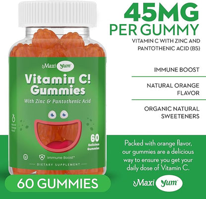 Vitamin C Gummies with Zinc - Maxi-Health Vitamin C with Zinc for Children and Adults - Respiratory Support and Immune Booster - No Preservatives and Artificial Flavors - 60 Fruit Shaped Gummies