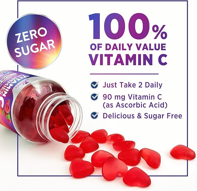 Zero Sugar Vitamin C Gummies - Immune Support & Antioxidant Vitamin Dietary Supplement - Vegan, Non-GMO, Dairy & Gluten Free C Vitamin Gummy - Raspberry Flavor for Kids & Adults - 120 Count Gummies