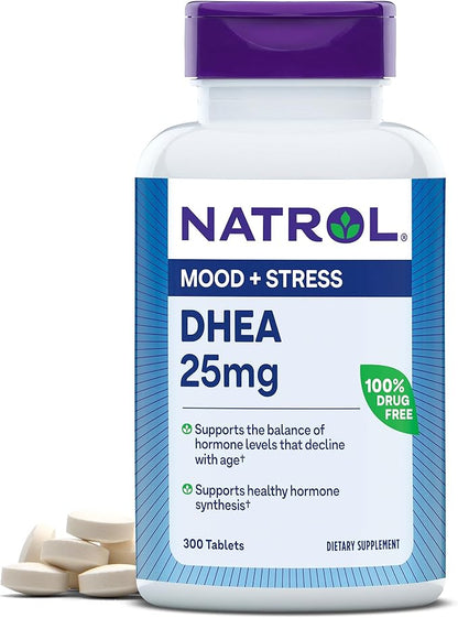 Natrol Mood & Stress DHEA 25mg With Calcium, Dietary Supplement for Balance of Certain Hormone Level and Mood Support, 300 Tablets, 300 Day Supply