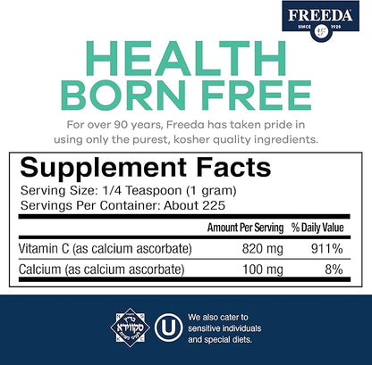 FREEDA Vitamin C - Buffered Vitamin C Powder - Kosher - Powerful Antioxidant Immune Support - Sensitive Stomach Vitamins C Drink - Calcium Ascorbate - Sugar Free Vitamin C - VIT C Supplement (8 oz)