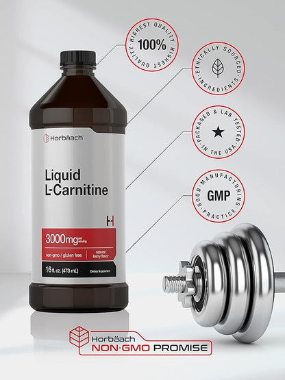 Horbäach L-Carnitine Liquid 16 oz | 3000 mg | Berry Flavor | Vegetarian Formula | Non-GMO, Gluten Free Supplement