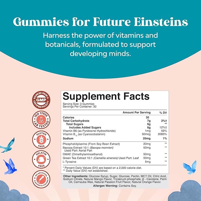 Vegan Brain Focus Gummies for Kids - Kids Focus Supplement with Phosphatidylserine Bacopa Monnieri Green Tea Extract Tyrosine and More Focus Vitamins for Kids Balanced Concentration Energy and Focus