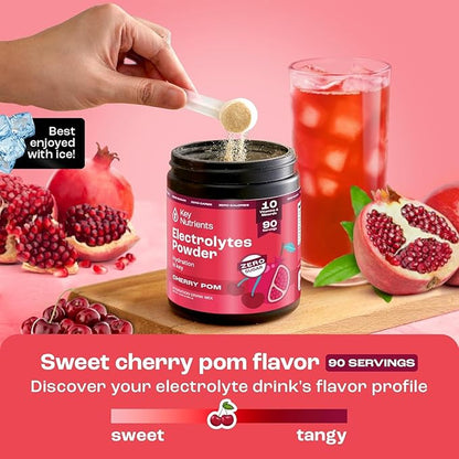 KEY NUTRIENTS Multivitamin Electrolytes Powder No Sugar - Sweet Cherry Pom Electrolyte Powder - Endurance & Energy Supplement - Hydration Powder - No Calories - 90 Servings - Made in USA