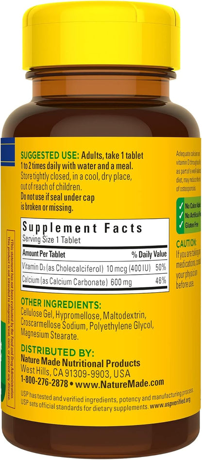 Nature Made Calcium 600 mg with Vitamin D3, Dietary Supplement for Bone Support, 60 Tablets