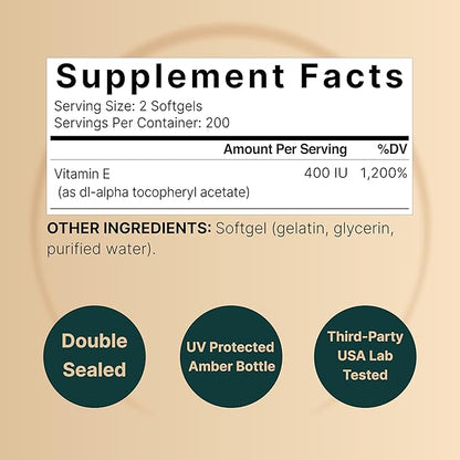 NatureBell Vitamin E Oil Softgels, 400iu Per Serving, 400 Pills | Essential Antioxidant Supplements, Easily Absorbed Form – Supports Skin, Heart, & Immune Health – Non-GMO