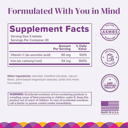 Barimelts Iron with Vitamin C - 90 Fast-Dissolving Tablets (1-Month Supply) - Sugar-Free Bariatric Iron Supplement for Women, Natural Orange Flavor