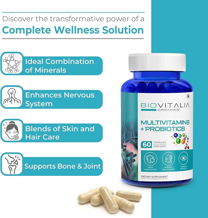 Biovitalia Multivitamins + Probiotics Dietary Supplement for Men & Women | Immunity Booster Helps Improve Digestion and Absorption of Nutrients - 60 Veg Cap