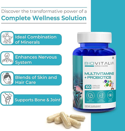 Biovitalia Multivitamins + Probiotics Dietary Supplement for Men & Women | Immunity Booster Helps Improve Digestion and Absorption of Nutrients - 60 Veg Cap