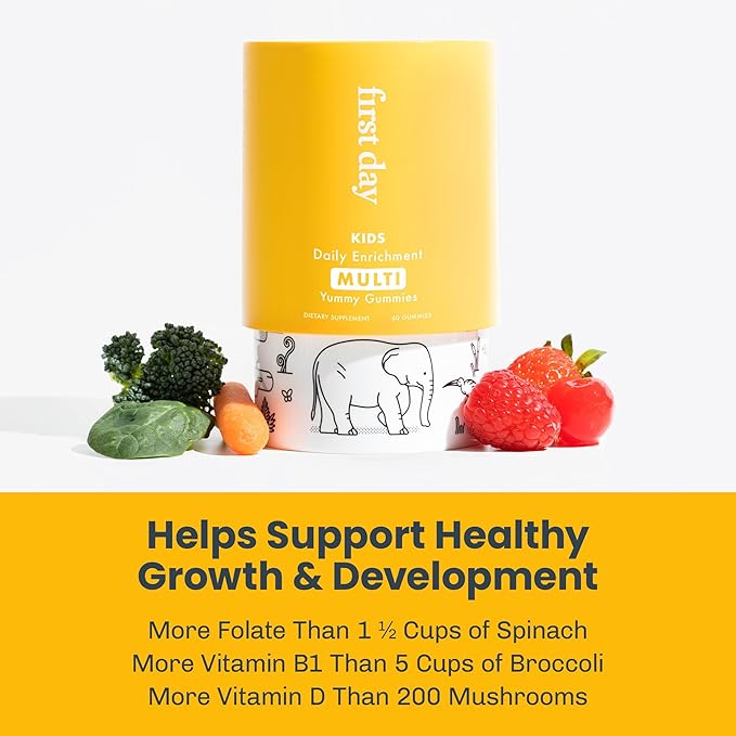 FIRST DAY Kids Daily Multivitamin Gummies – Vitamin A, D3, B6, B12, C, K2 & More to Support Growth, Brain Function, Immunity – Made w/Organic Fruits & Veggies, Only 2g Sugar – 4-Pk, 120 Day Supply