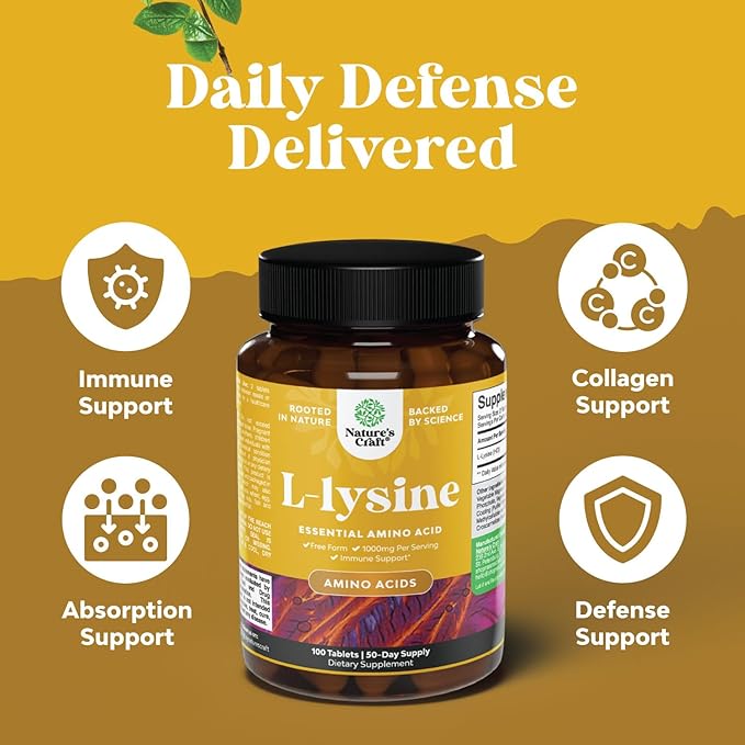 L Lysine 1000mg Free Form - High Strength L-Lysine Supplement for Eye Health Lip Care Collagen Synthesis and Immune Support - Essential Amino Acid Vegan Non-GMO 1000mg per Serving - 100 Tablets