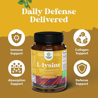 L Lysine 1000mg Free Form - High Strength L-Lysine Supplement for Eye Health Lip Care Collagen Synthesis and Immune Support - Essential Amino Acid Vegan Non-GMO 1000mg per Serving - 100 Tablets