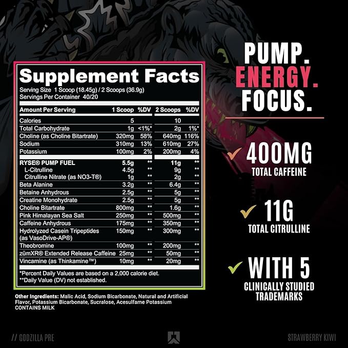 Ryse Noel Deyzel x Godzilla Pre Workout | Intense Pumps, Energy, & Focus | Citrulline & Beta Alanine | 400mg Total Caffeine | 40 Servings (Strawberry Kiwi)