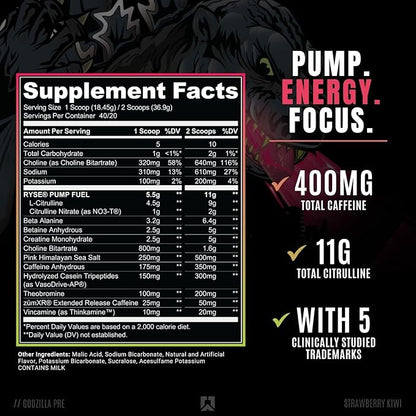 Ryse Noel Deyzel x Godzilla Pre Workout | Intense Pumps, Energy, & Focus | Citrulline & Beta Alanine | 400mg Total Caffeine | 40 Servings (Strawberry Kiwi)